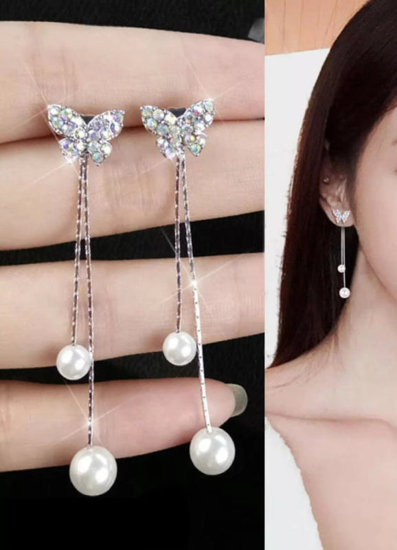 Vintage Gold Long Dangle Earrings with Crystal & Pearl Tassels"