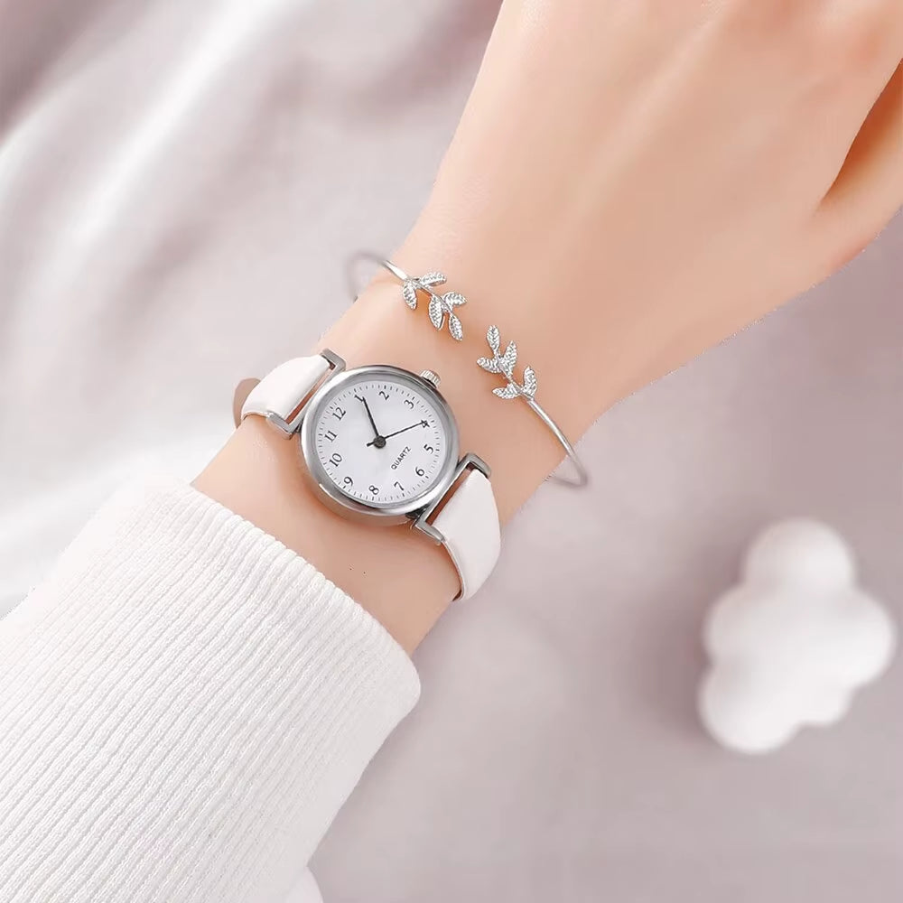 Luxury Women’s Quartz Watch & Bracelet Set – White Dial with Leather Strap