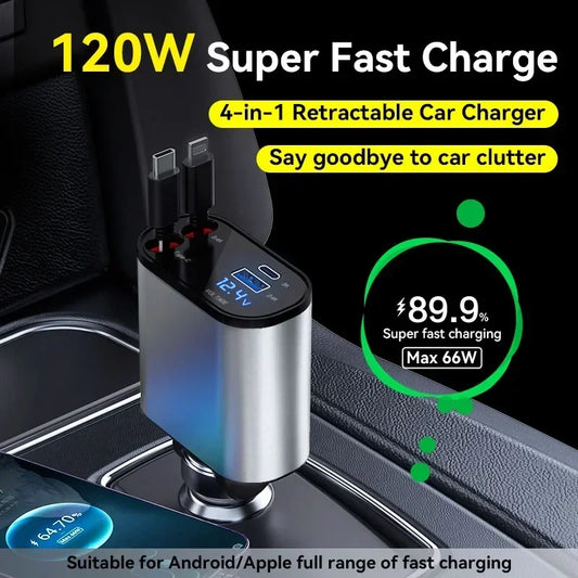 120 Watt Car Charger 4In1 Retractable Car Cigarette Lighter Adapter USB Type C Super Fast Charger Swivel High Compatibility