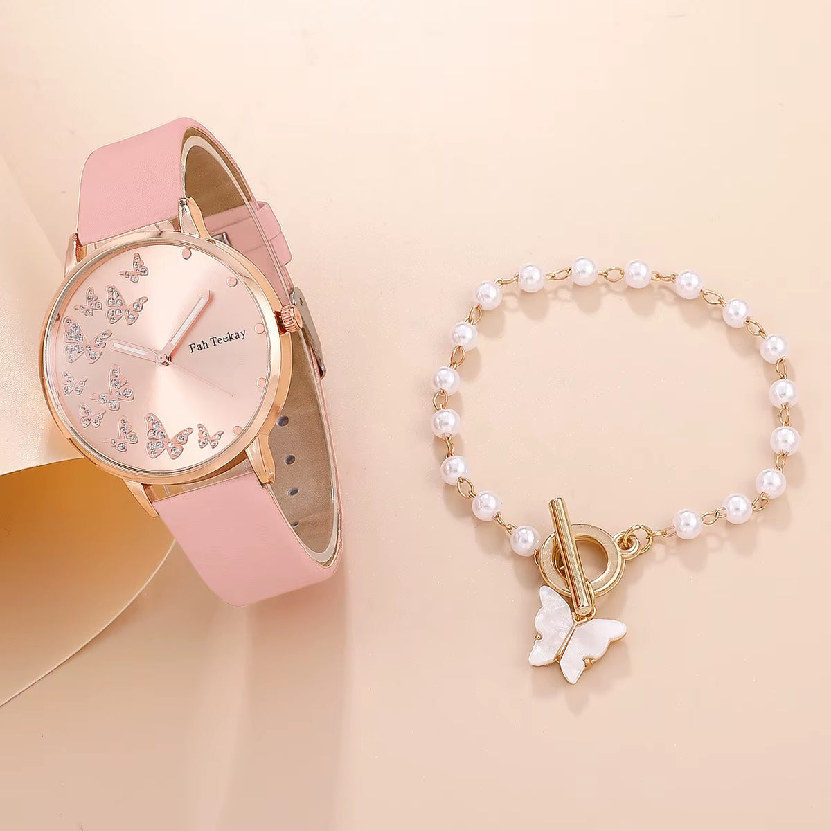2Pcs Women’s Butterfly Watch & Bracelet Set – Elegant Casual Analog Wristwatch
