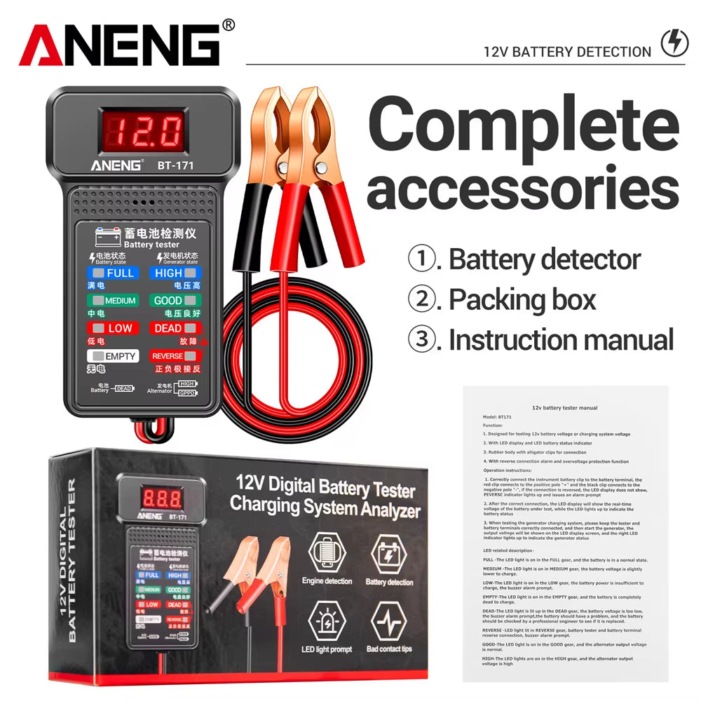 BT-171 12V Automotive Battery Diagnostic Tester – LED Backlit Reverse Display Tool for Car, Van & Motorcycle