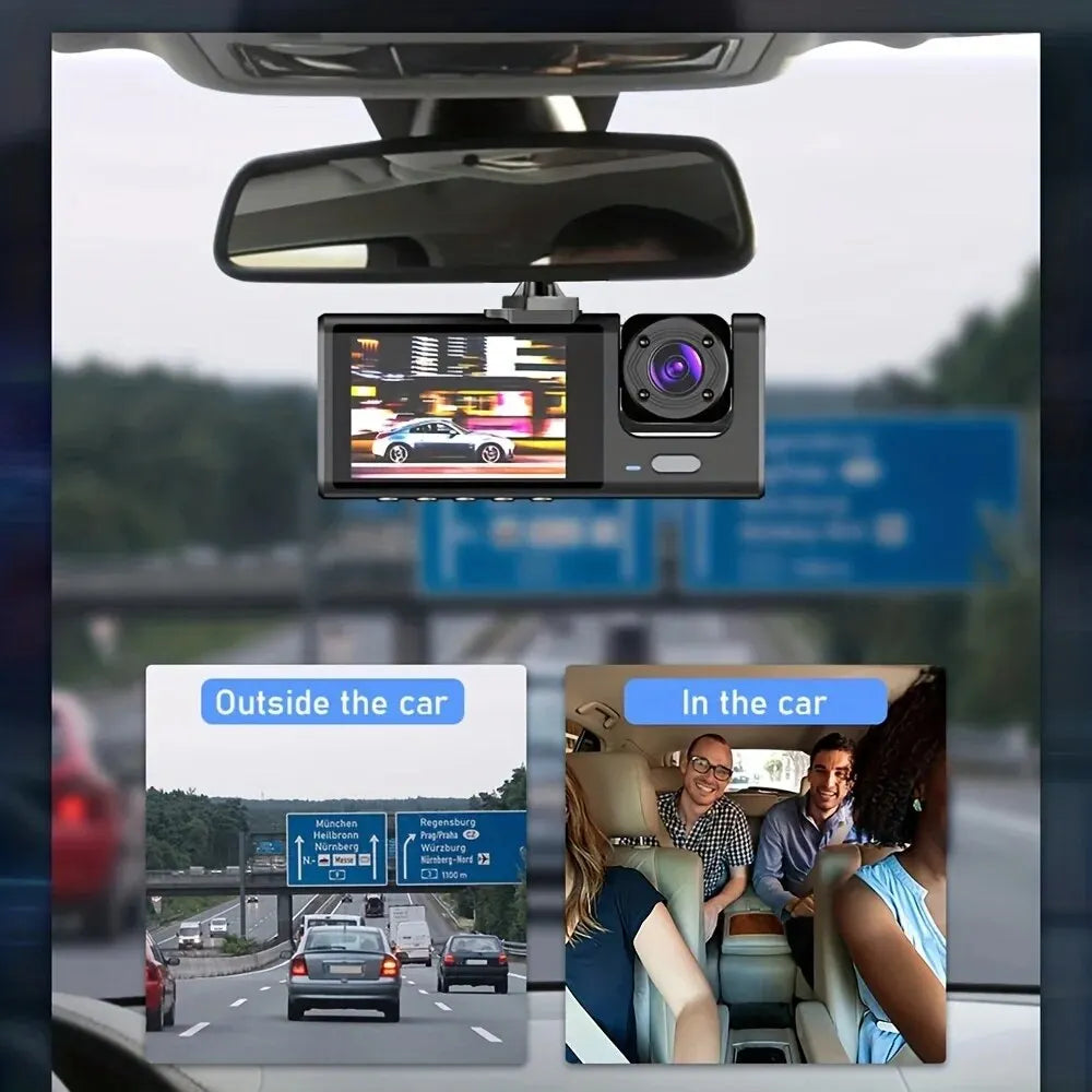 1080P 3-Camera Dash Cam with IR Night Vision – 2" IPS Screen, Loop Recording DVR
