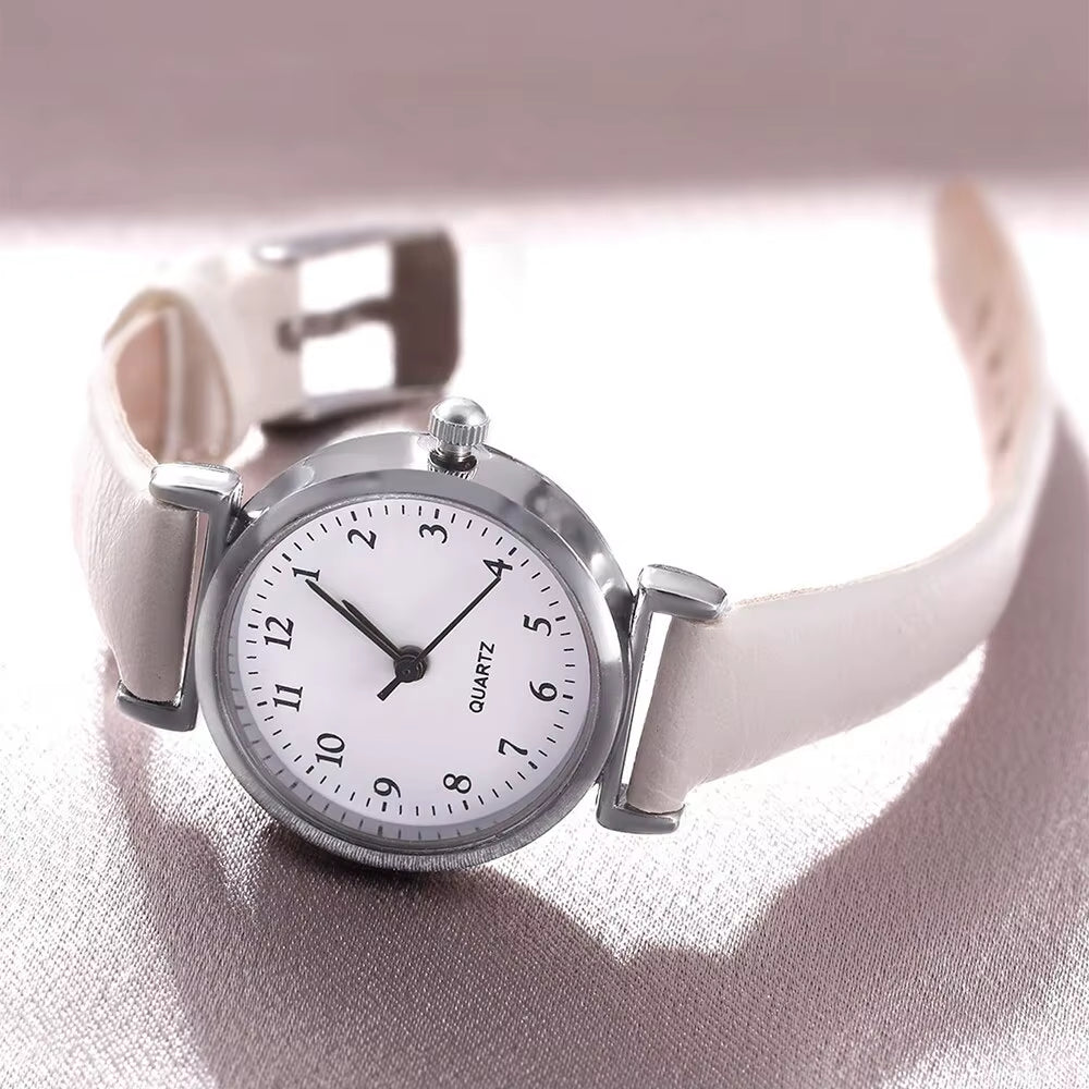 Luxury Women’s Quartz Watch & Bracelet Set – White Dial with Leather Strap