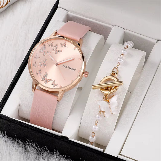 2Pcs Women’s Butterfly Watch & Bracelet Set – Elegant Casual Analog Wristwatch
