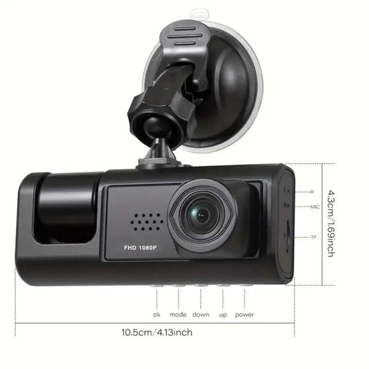 1080P 3-Camera Dash Cam with IR Night Vision – 2" IPS Screen, Loop Recording DVR