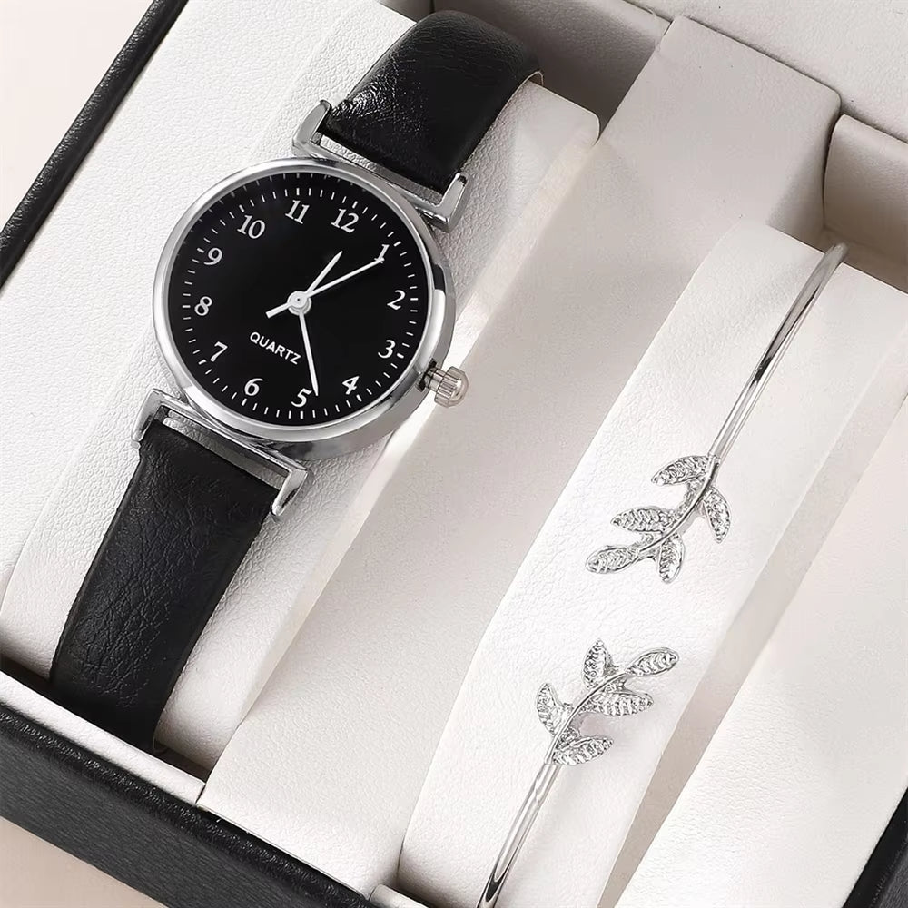 Luxury Women’s Quartz Watch & Bracelet Set – White Dial with Leather Strap