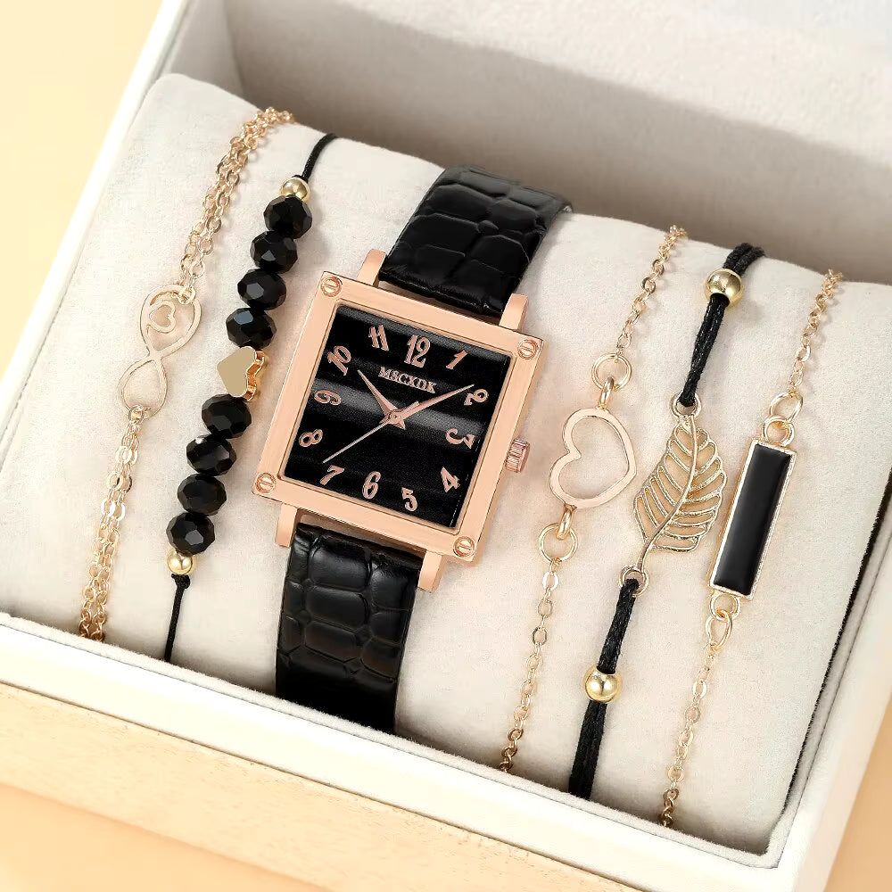 6-Piece Women’s Square Quartz Watch & Bracelet Set with Leather Strap