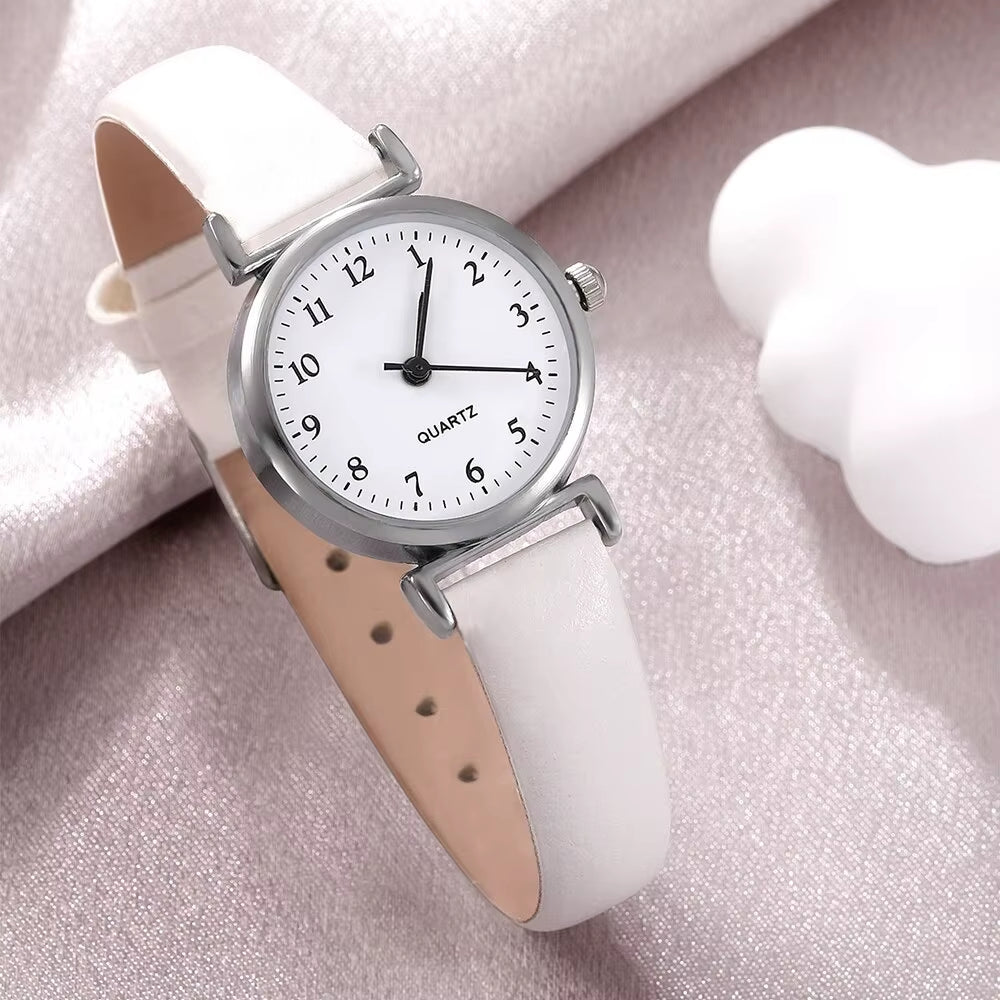 Luxury Women’s Quartz Watch & Bracelet Set – White Dial with Leather Strap