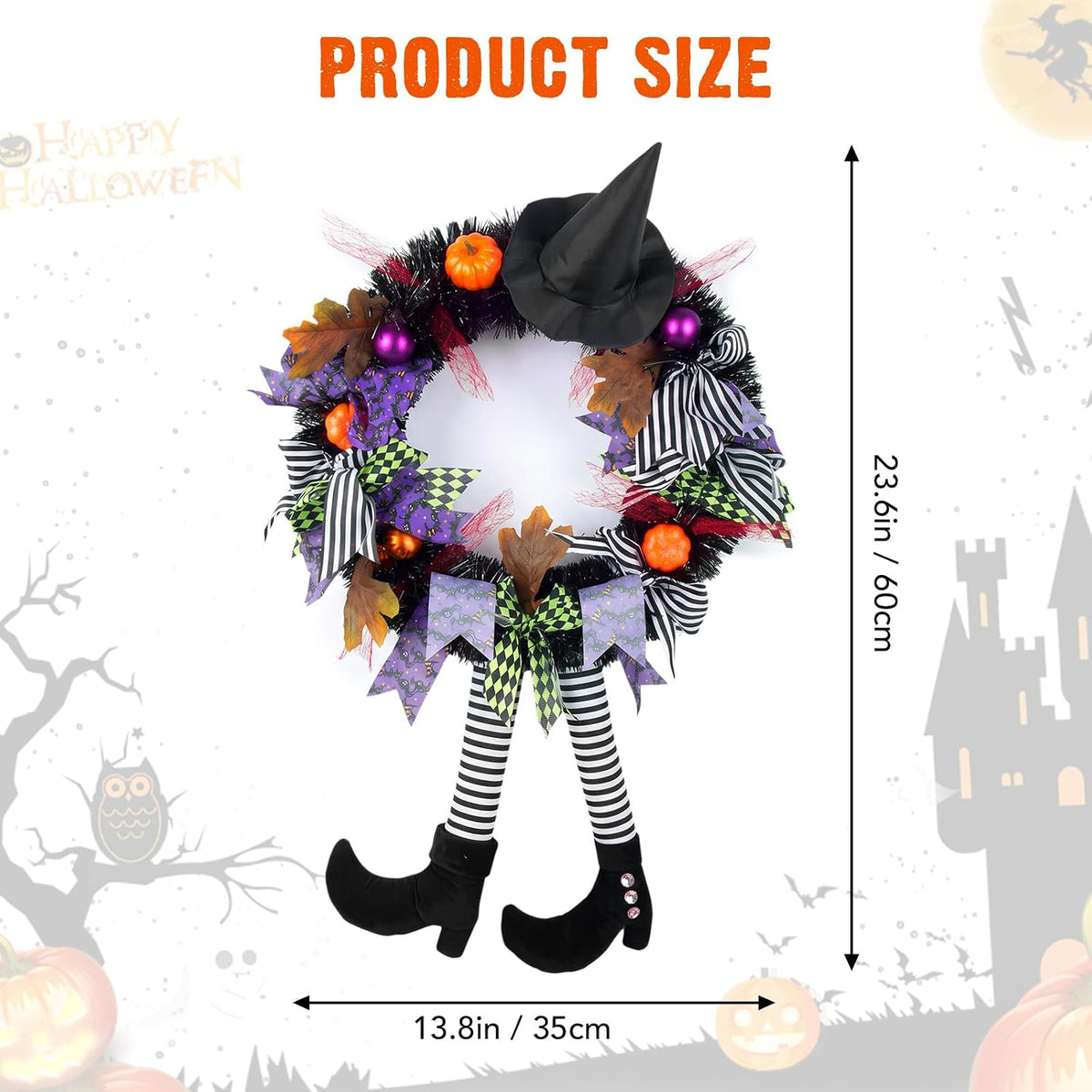 Halloween Decorations,Halloween Wreath,Halloween Witch Wreath Black Wreath with Hat Witches Legs Pumpkin,Indoor Outdoor Home Halloween Decor