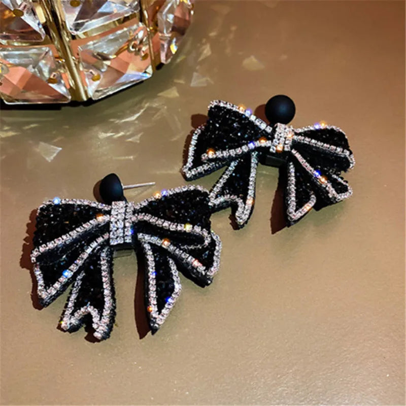 Korean Black Bowknot Dangle Earrings - Rhinestone Party Jewelry