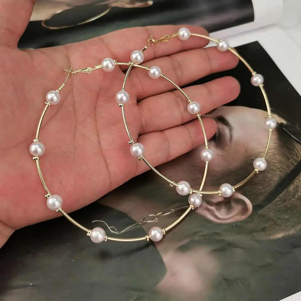 Gold Hoop Earrings with Imitation Pearls - Oversized Statement Design