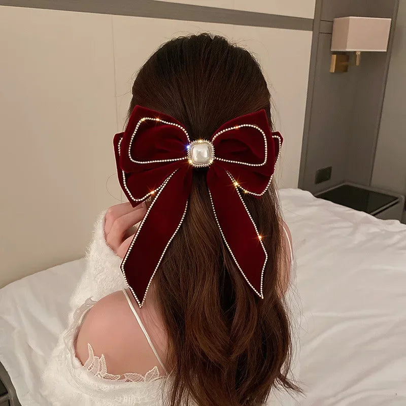 Chic Velvet Bow Hair Clips - Rhinestone Pearl Elegance