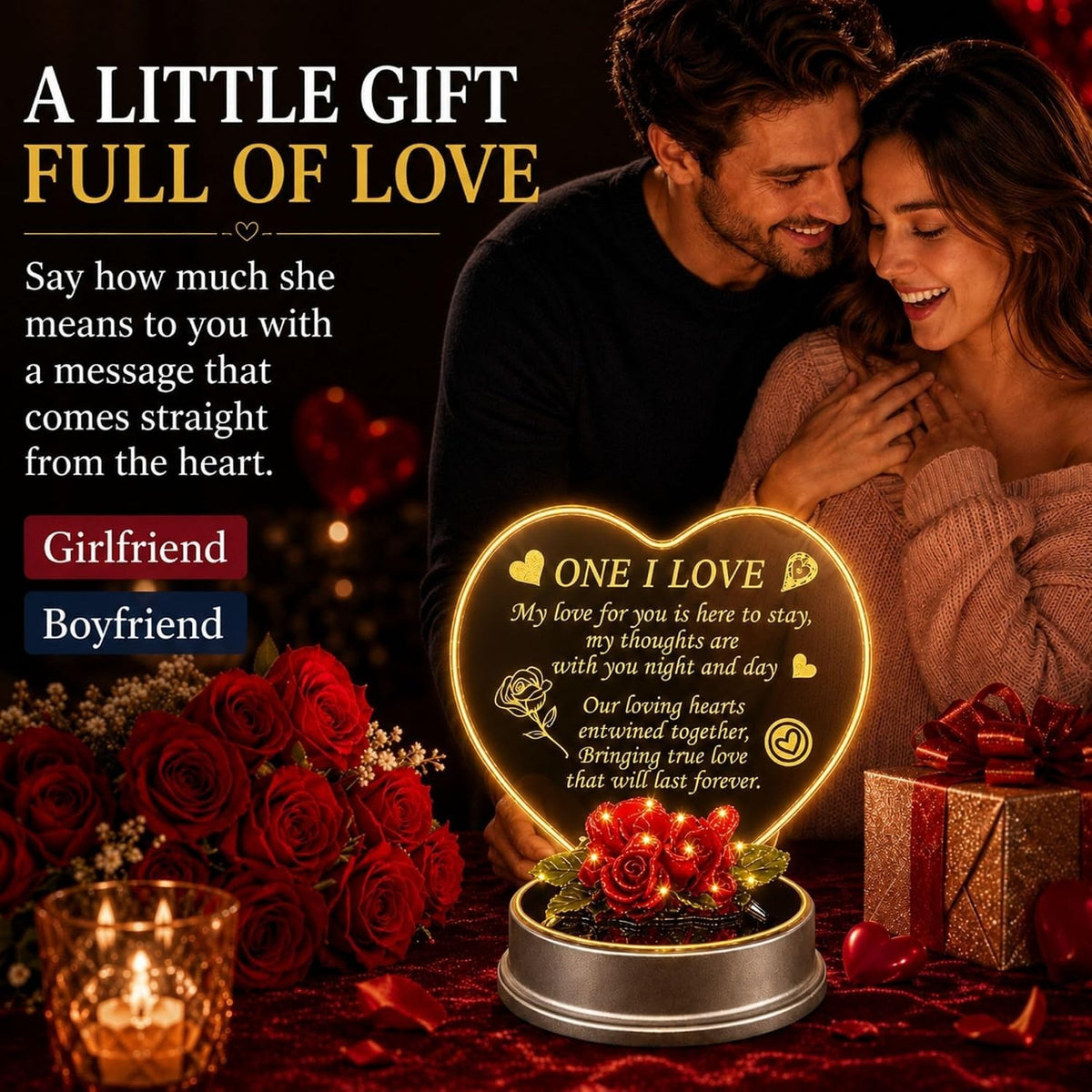 Romantic Heart-Shaped Acrylic Love Gift with Red Rose Base - Perfect for Valentine's Day and Special Occasions