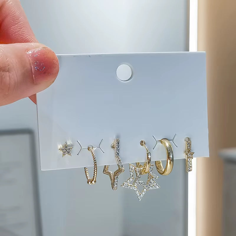 6-Piece Silver Star Earring Stack – Micro Zircon Set