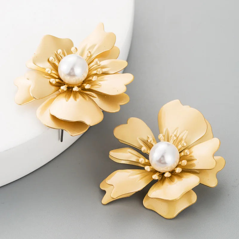 Spray Paint Floral Gold Studs - Unique Statement Earrings for Women