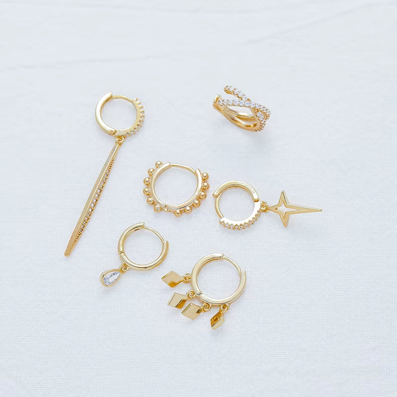 6-Piece Asymmetrical Silver Earring Set – Water Drop, Star & Tassel