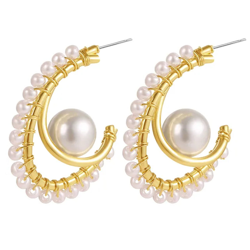 Elegant Gold Metal Pearl Hoop Earrings - Fashion Statement Jewelry