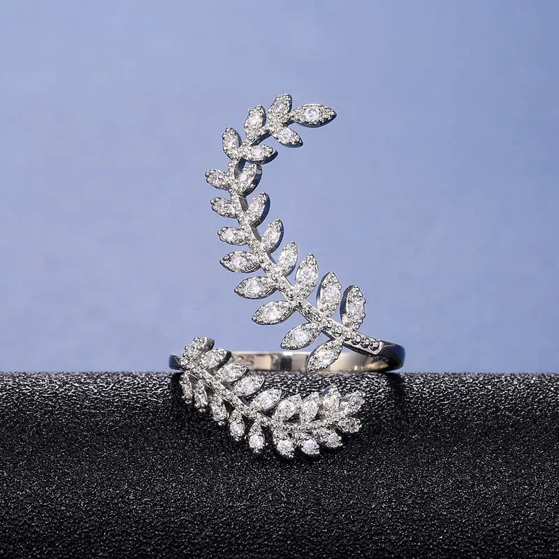 Elegant Silver Zircon Leaf Ring - Adjustable Crystal Jewelry