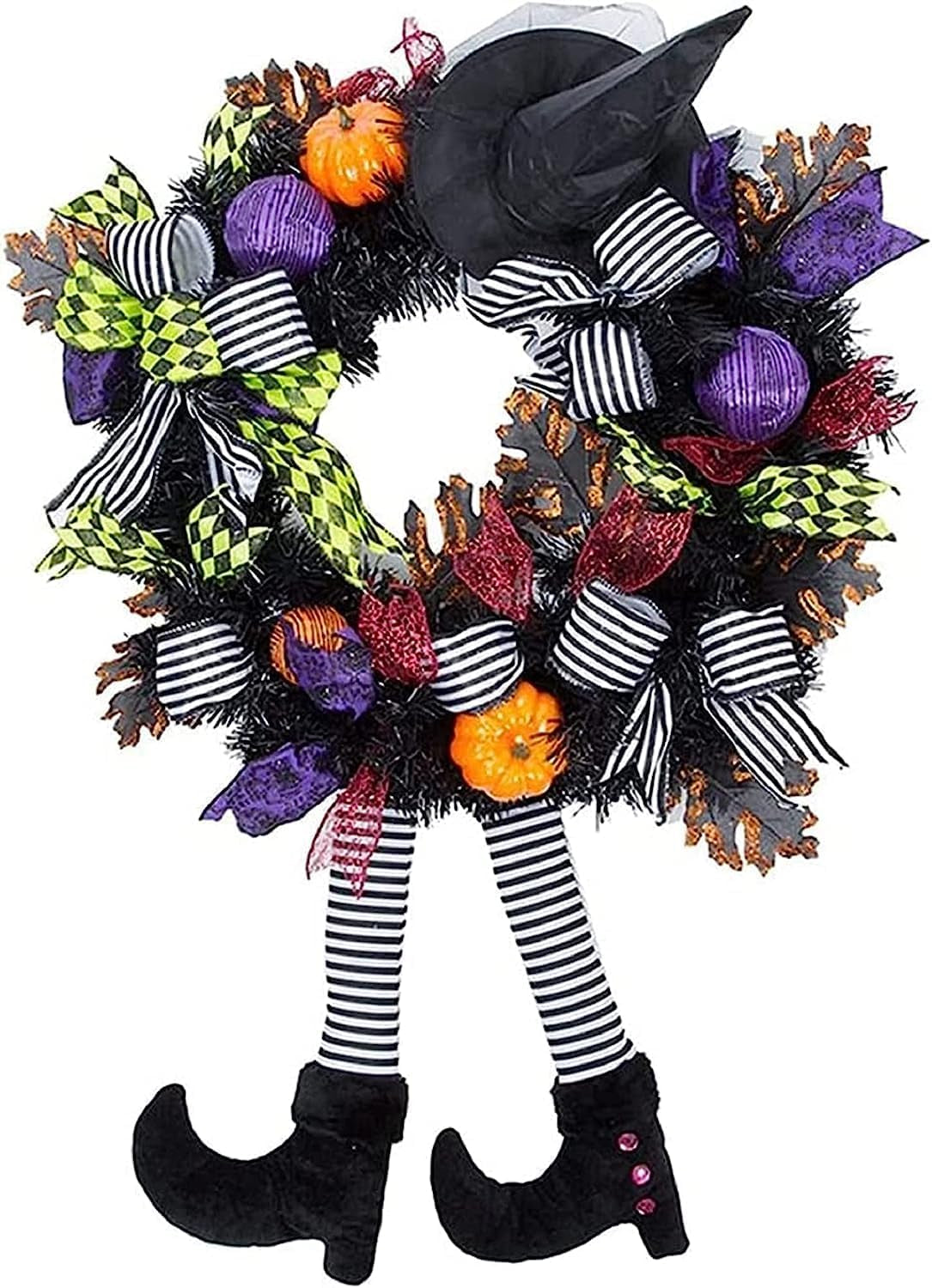 Halloween Decorations,Halloween Wreath,Halloween Witch Wreath Black Wreath with Hat Witches Legs Pumpkin,Indoor Outdoor Home Halloween Decor