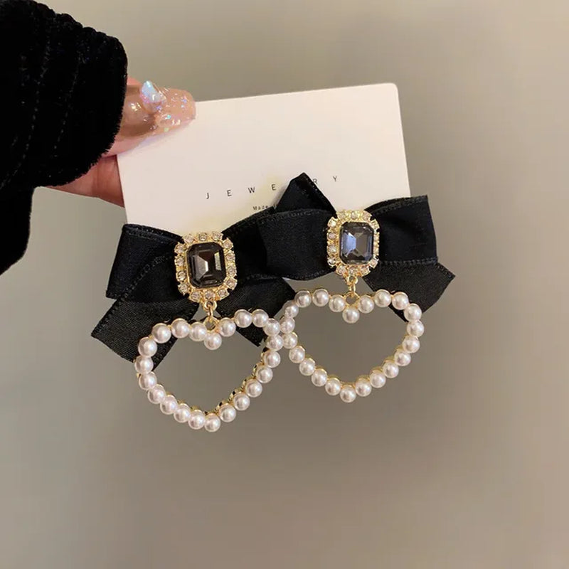 Korean Black Bowknot Heart Dangle Earrings - Fashion Statement