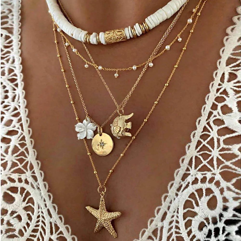 Bohemian Shell & Star Pendant Layered Necklace