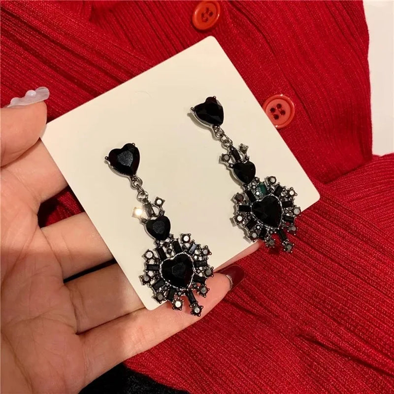 Korean Black Bowknot Heart Dangle Earrings - Fashion Statement