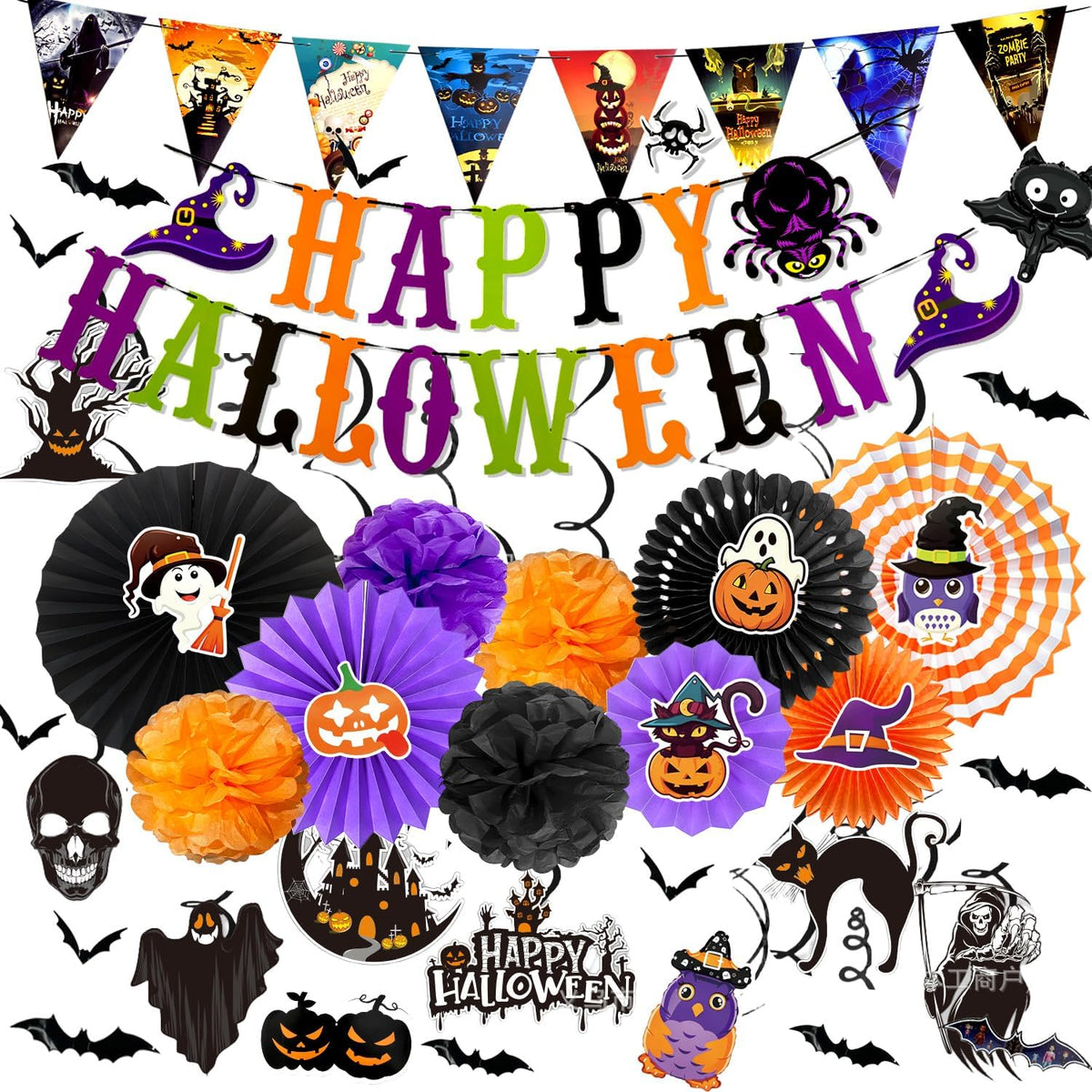 Halloween Party Decorations Set Happy Halloween Banner Paper Fans Poms&Wall Cutouts