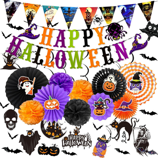 Halloween Party Decorations Set Happy Halloween Banner Paper Fans Poms&Wall Cutouts