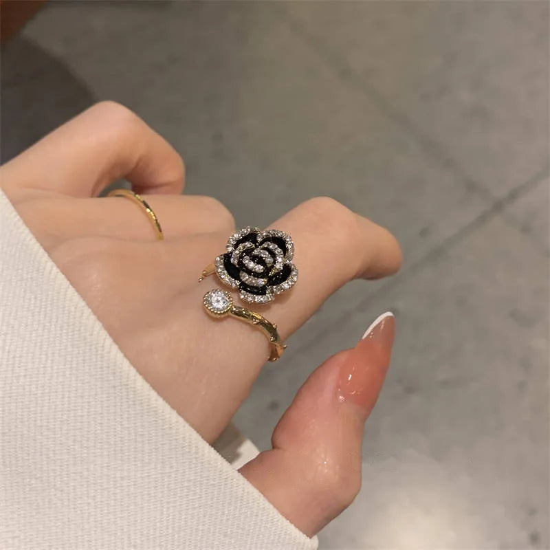 Korean Black Rose Metal Ring - Adjustable Zircon Jewelry