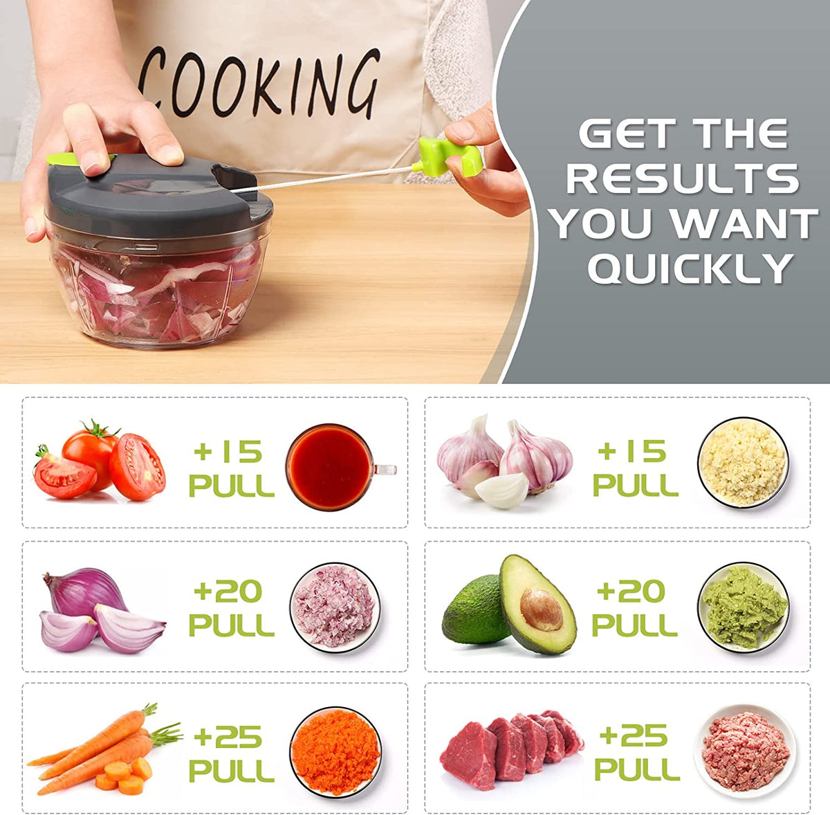 Manual Food Chopper Pull String,Hand Food Shredder,Onions Slicer Cutter Dicer,Garlic Slap Press,Manual Processor Vegetable Blender Chopping Onions (520Ml)