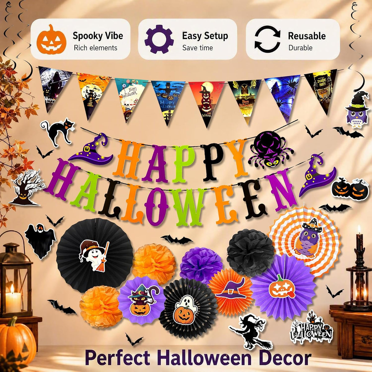 Halloween Party Decorations Set Happy Halloween Banner Paper Fans Poms&Wall Cutouts