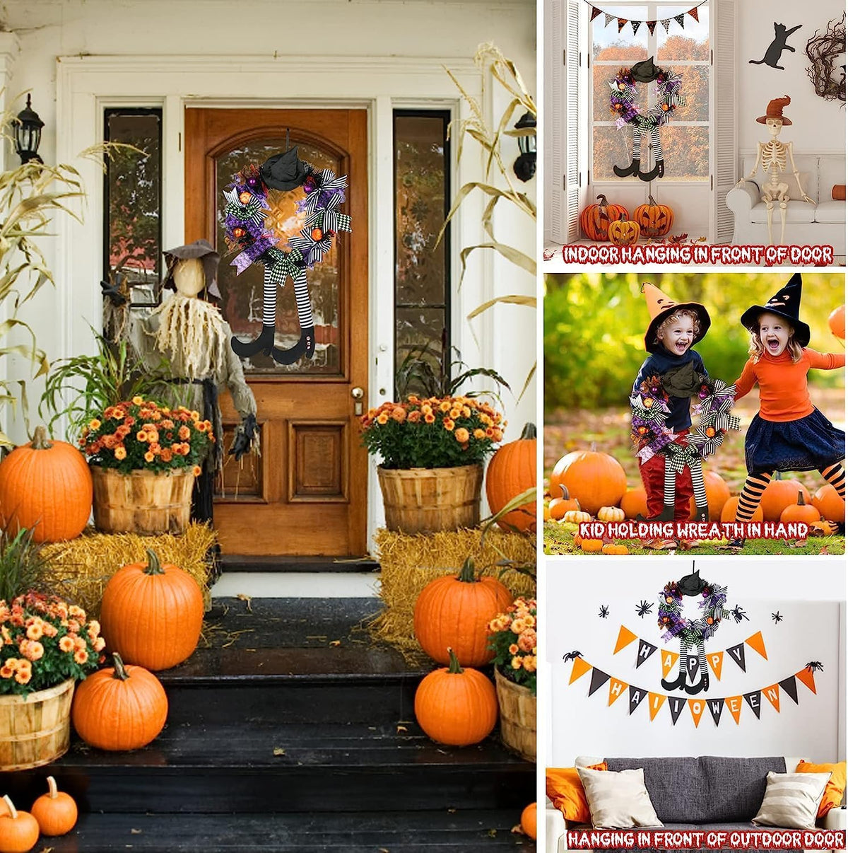 Halloween Decorations,Halloween Wreath,Halloween Witch Wreath Black Wreath with Hat Witches Legs Pumpkin,Indoor Outdoor Home Halloween Decor