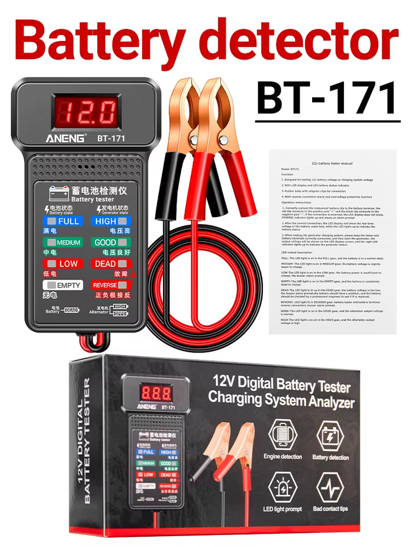 BT-171 12V Automotive Battery Diagnostic Tester – LED Backlit Reverse Display Tool for Car, Van & Motorcycle