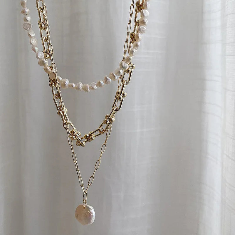 French Anti-Allergy Pearl Layered Necklace - Gold Plated Chunky Chain