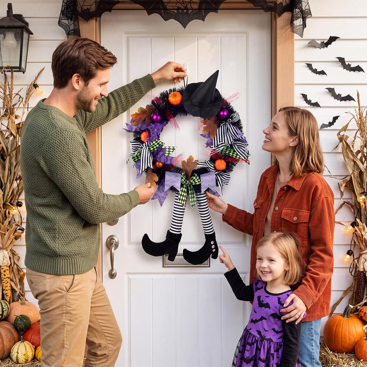 Halloween Decorations,Halloween Wreath,Halloween Witch Wreath Black Wreath with Hat Witches Legs Pumpkin,Indoor Outdoor Home Halloween Decor