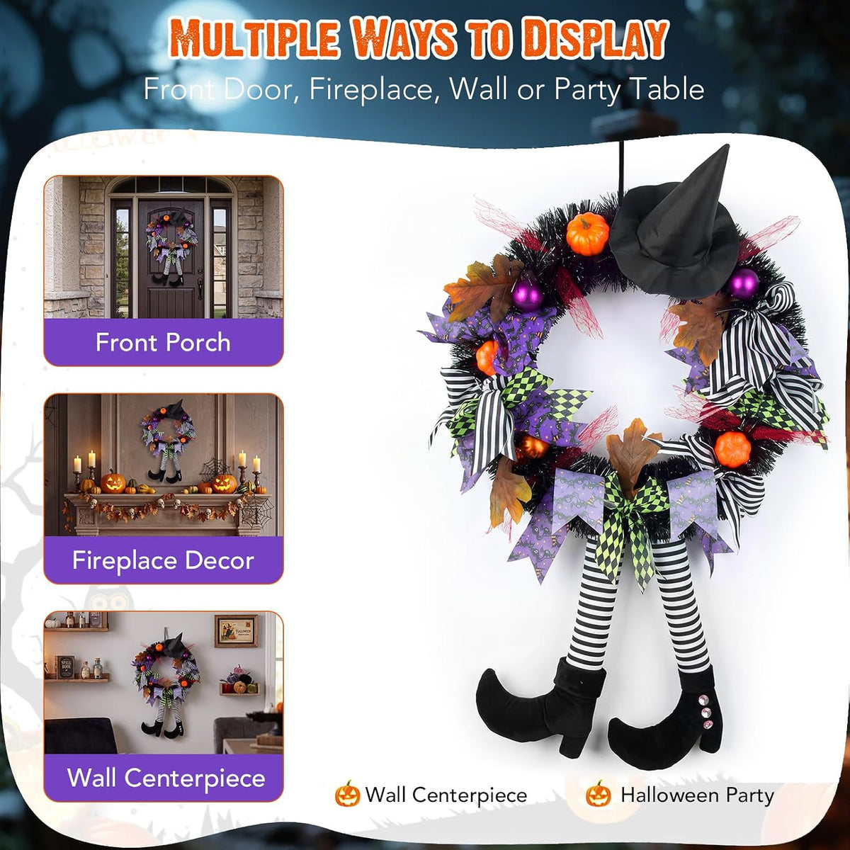 Halloween Decorations,Halloween Wreath,Halloween Witch Wreath Black Wreath with Hat Witches Legs Pumpkin,Indoor Outdoor Home Halloween Decor