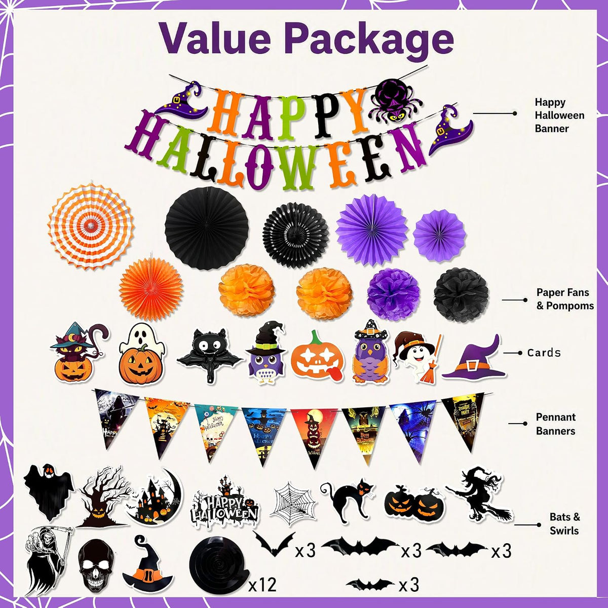 Halloween Party Decorations Set Happy Halloween Banner Paper Fans Poms&Wall Cutouts