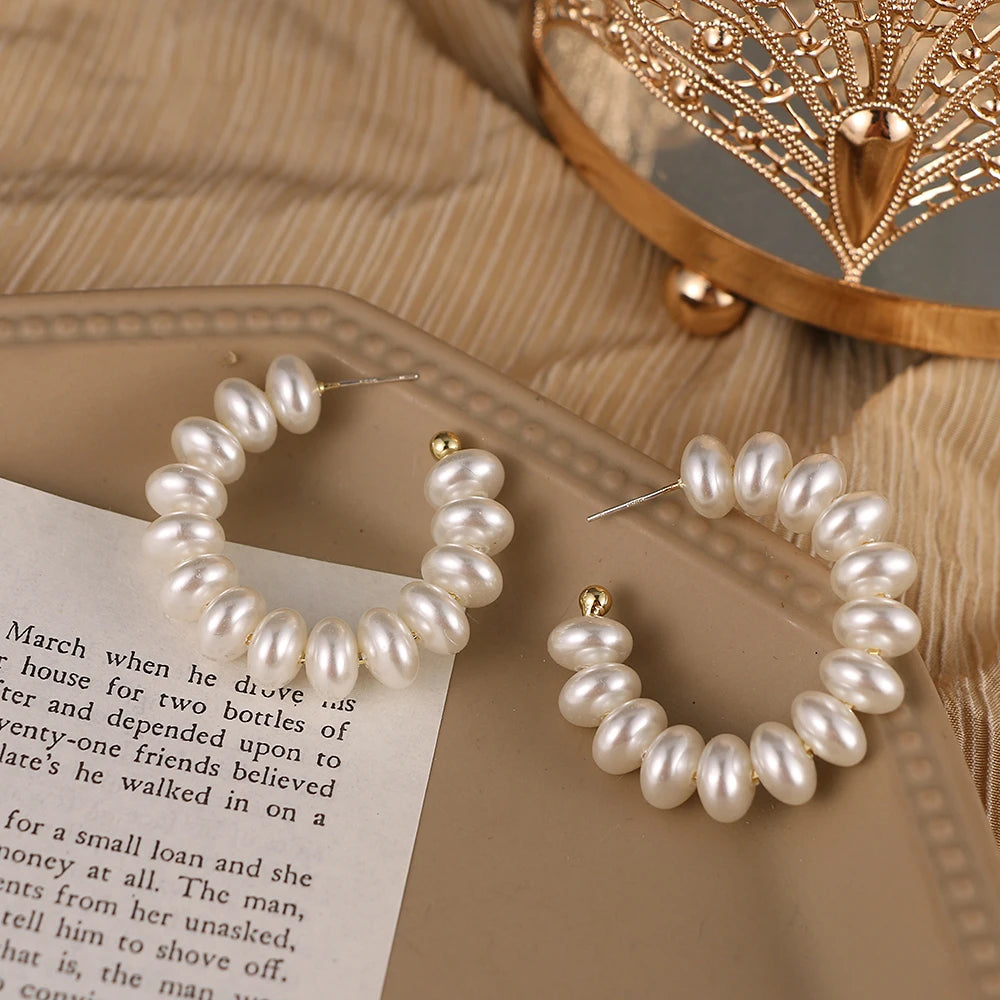 Elegant Gold Metal Pearl Hoop Earrings - Fashion Statement Jewelry