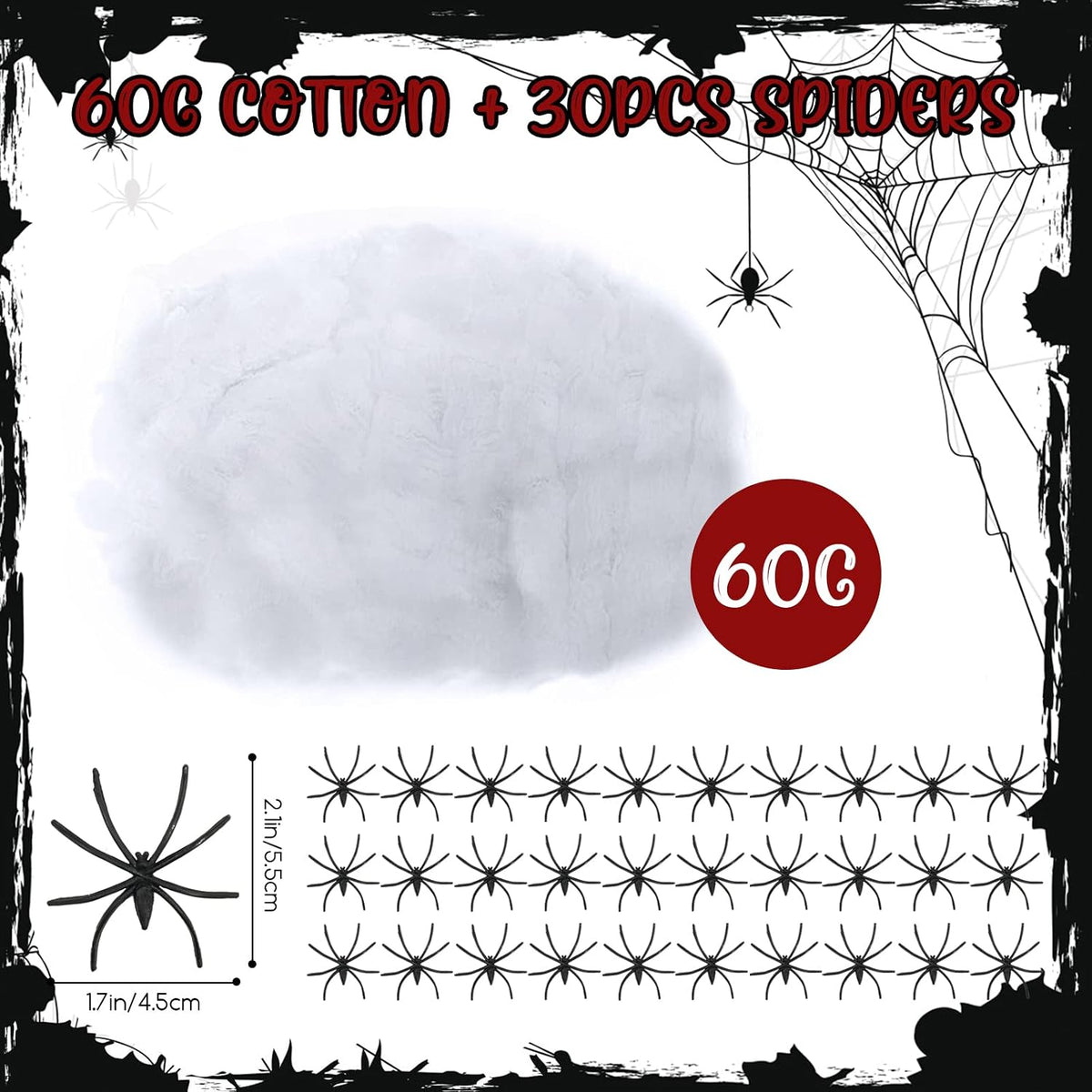 60G Halloween Spider Web Decoration, with 30Pcs Fake Spiders, Stretchable Halloween Cobwebs for Halloween Decorations