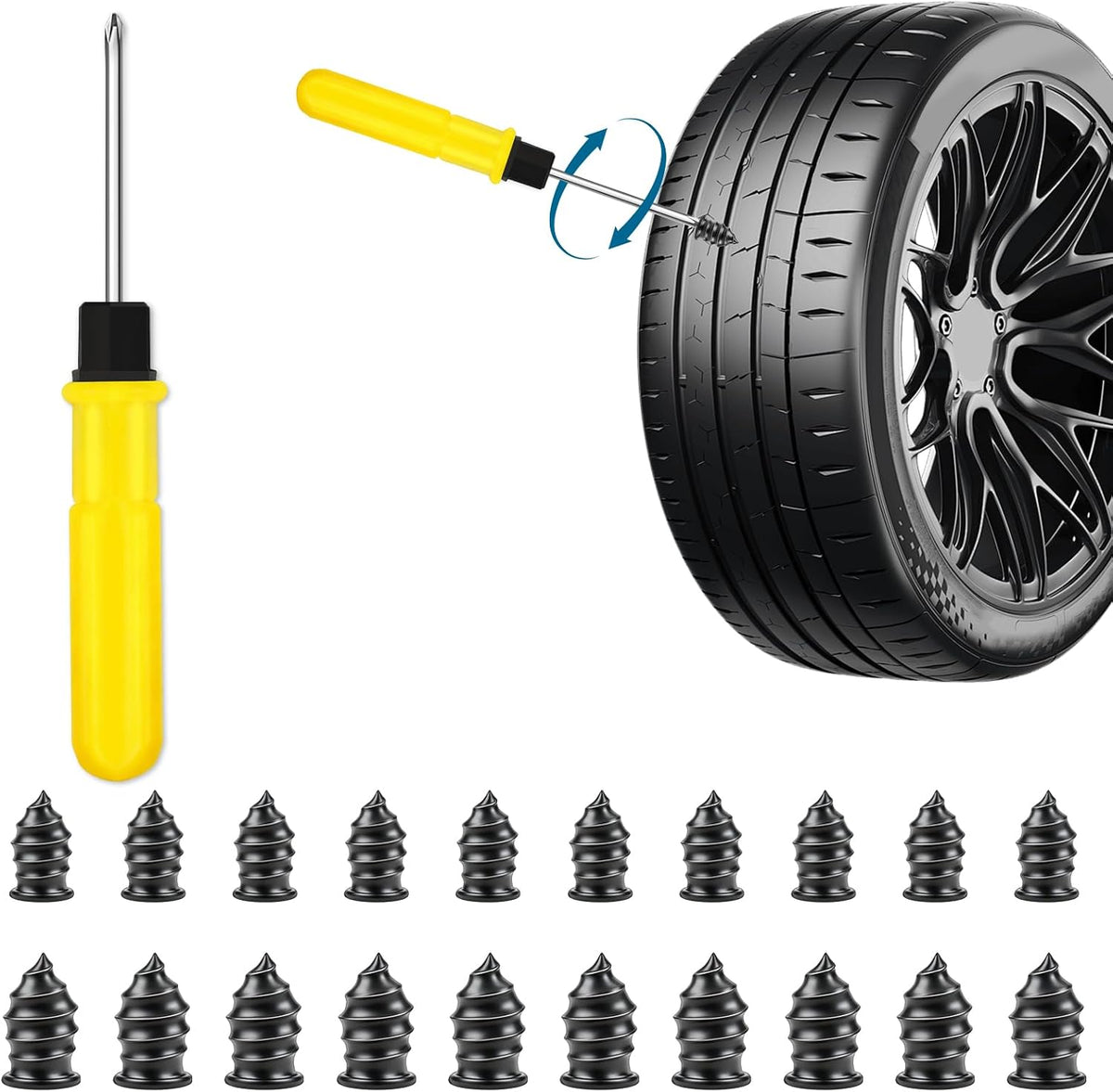 20 Pcs Tyre Repair Kit, Puncture Repair Kit with Screwdriver, Self-Service Rubber Nails Tool, Emergency Car Puncture Repair Kit for Bike Motorbike Bicycle Flat Tire Plug (10S/10L)