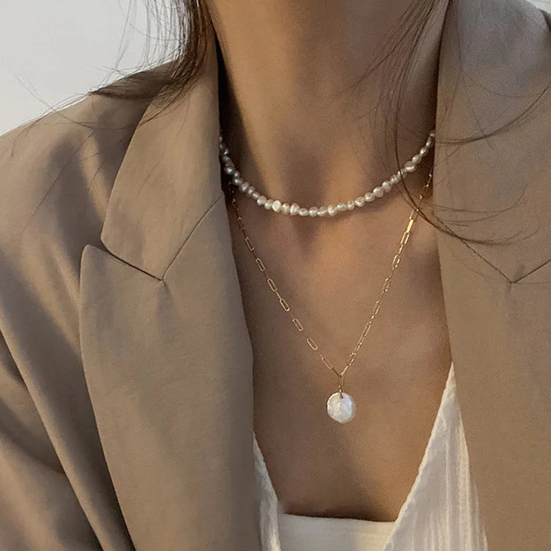 French Anti-Allergy Pearl Layered Necklace - Gold Plated Chunky Chain