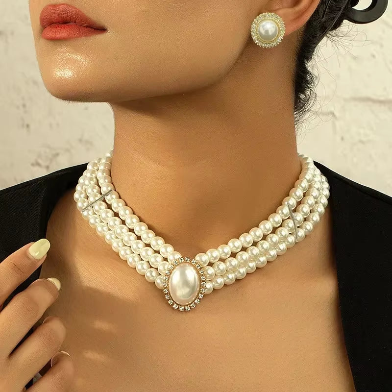 Elegant Pearl Clavicle Necklace & Earring Set – Women’s Short Pendant Jewelry Collection