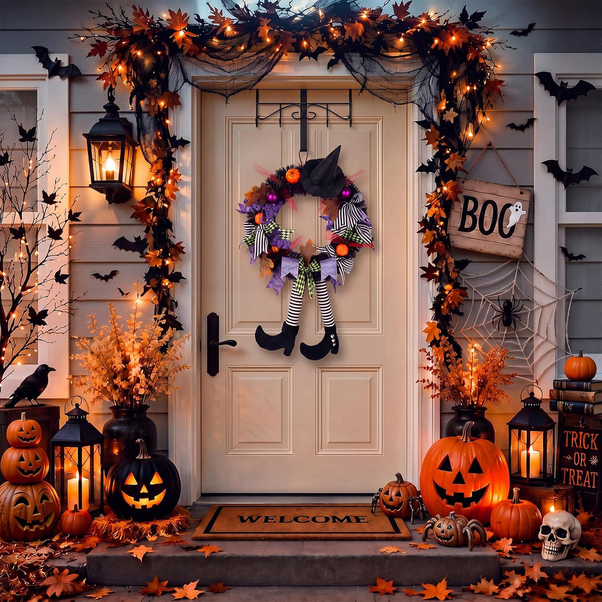 Halloween Decorations,Halloween Wreath,Halloween Witch Wreath Black Wreath with Hat Witches Legs Pumpkin,Indoor Outdoor Home Halloween Decor