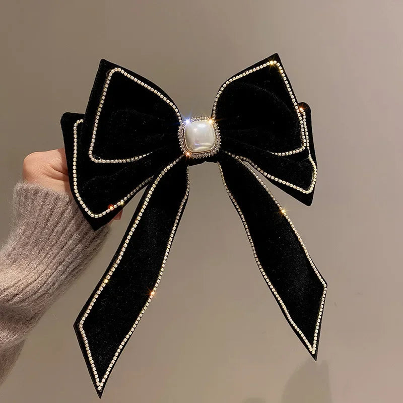 Chic Velvet Bow Hair Clips - Rhinestone Pearl Elegance