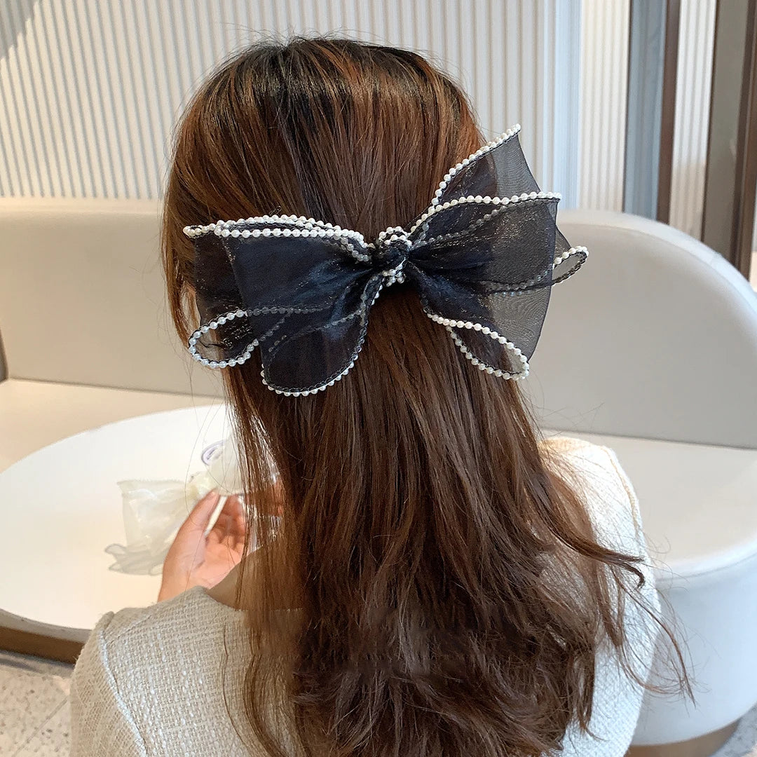 Elegant Black Organza Bow Hairpins - Crystal Ribbon Hair Clips