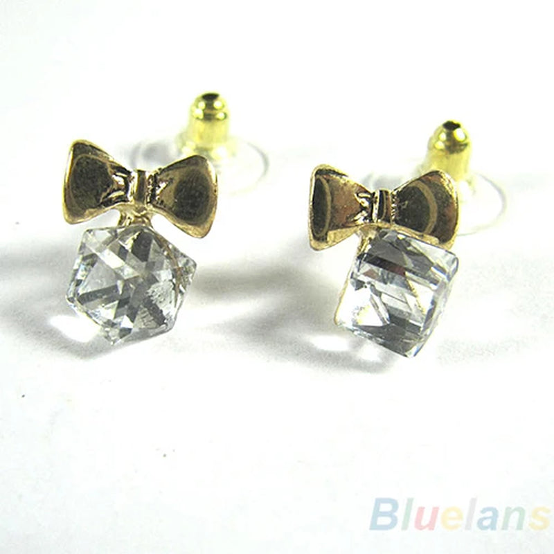 Chic Shimmer Bowknot Rhinestone Ear Studs - Cute Cube Jewelry for Women