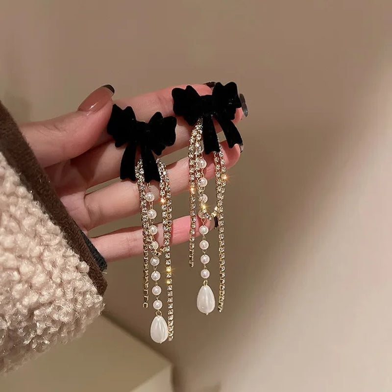 Stylish Pearl Drop Earrings - Long Crystal Tassels & Bowknot Accent