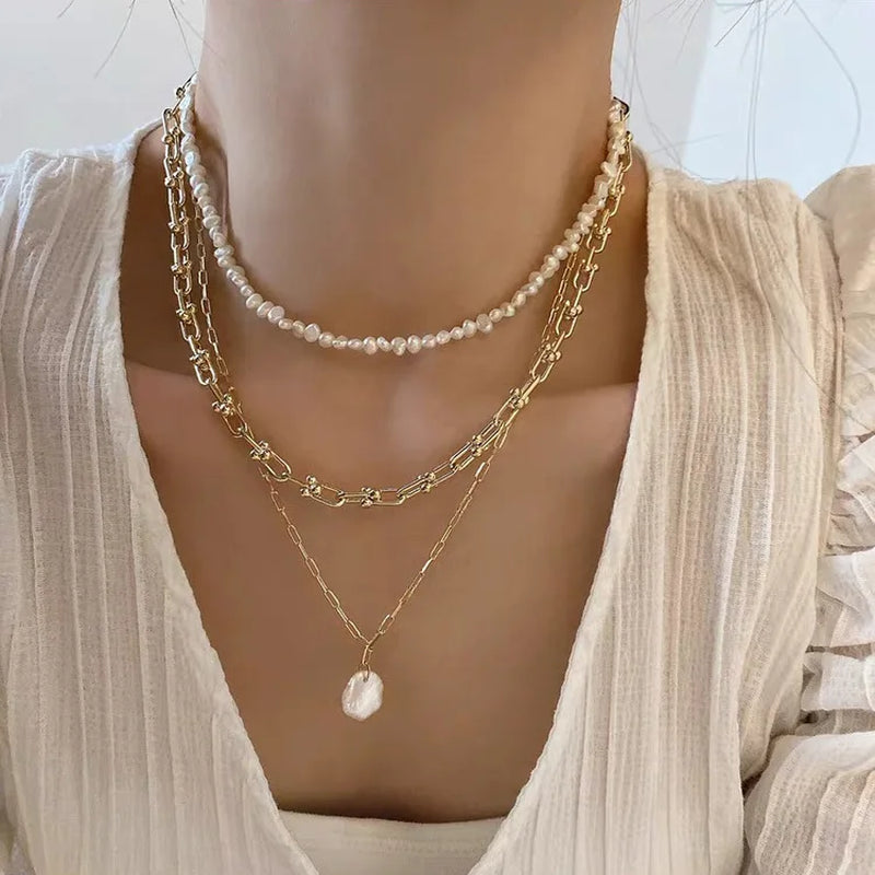 French Anti-Allergy Pearl Layered Necklace - Gold Plated Chunky Chain