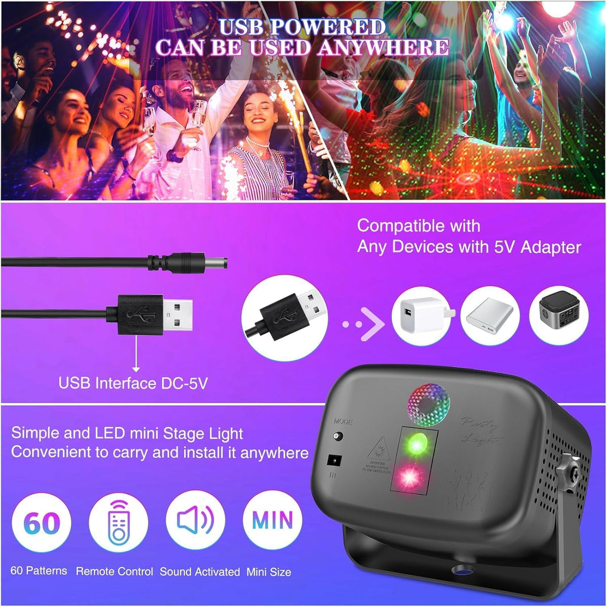 Disco Light for Parties Mini Disco Light Strobe Lights with Remote Control RGB Strobe with 60 Effects for Clubs Children'S Parties Birthdays Weddings