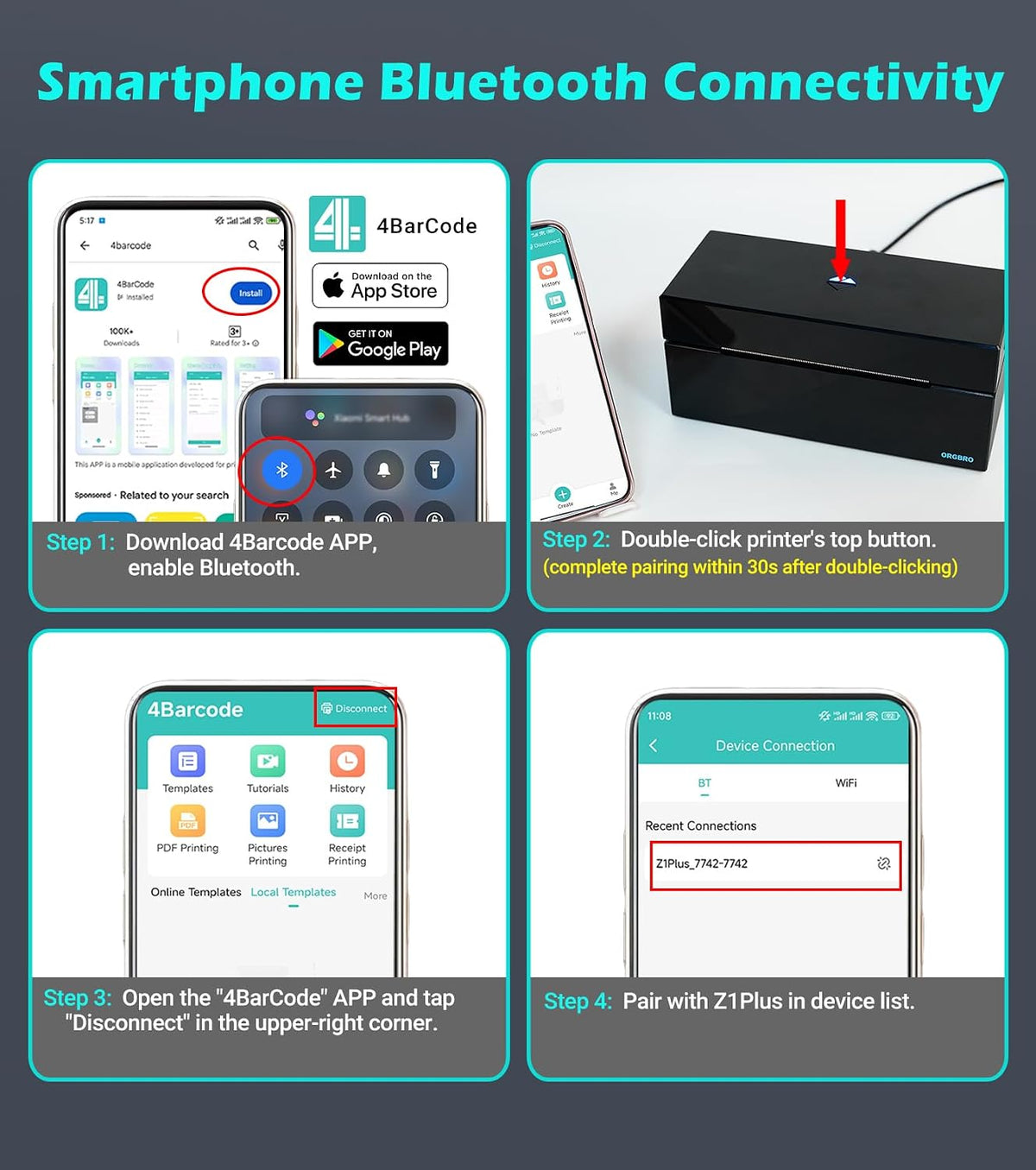 Z1 Shipping Label Printer 4X6 Bluetooth Thermal Label Printer